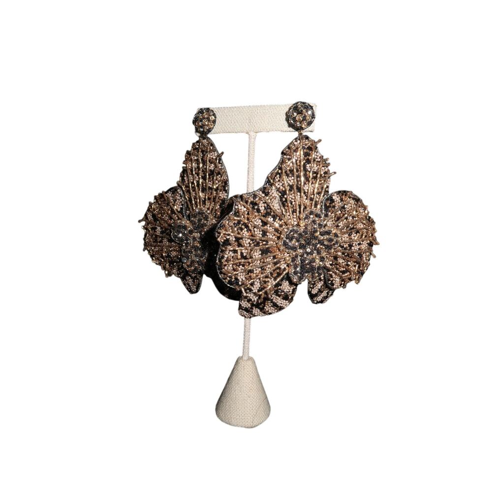 Deepa Gurnani Beaded Orchid Statement Earrings Black Gold Bronze Embroidered OS